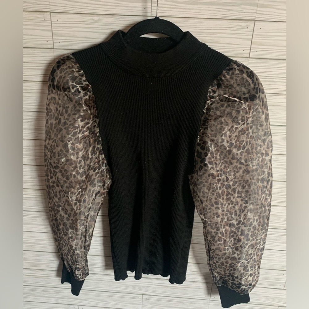 Miss selfie Black Sweater with sheer puffy Leopard Print Sleeves